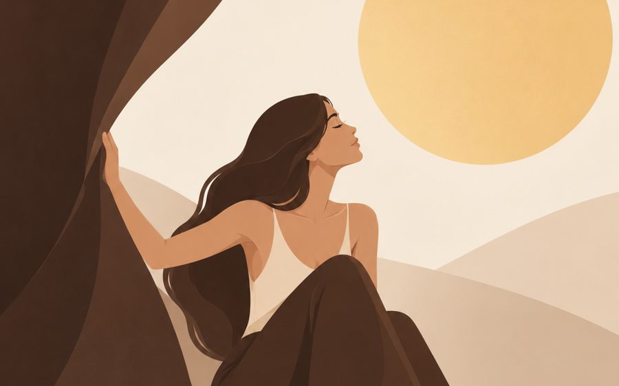 Ilustración de una mujer que corre una forma oscura y mira hacia la luz