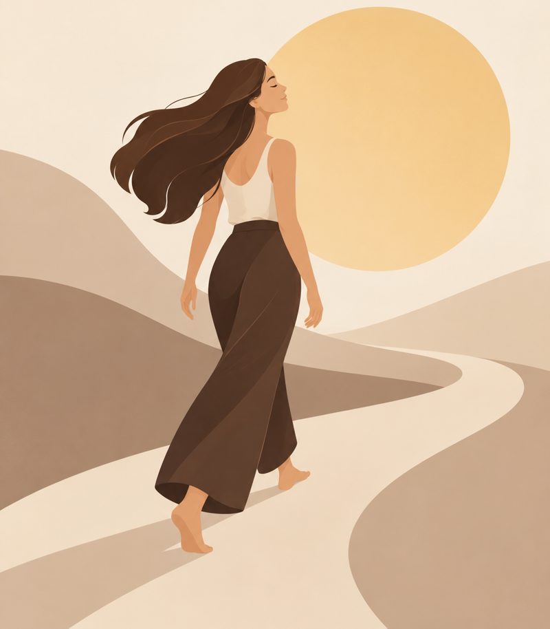 Ilustración de una mujer caminando descalza por un sendero hacia el sol