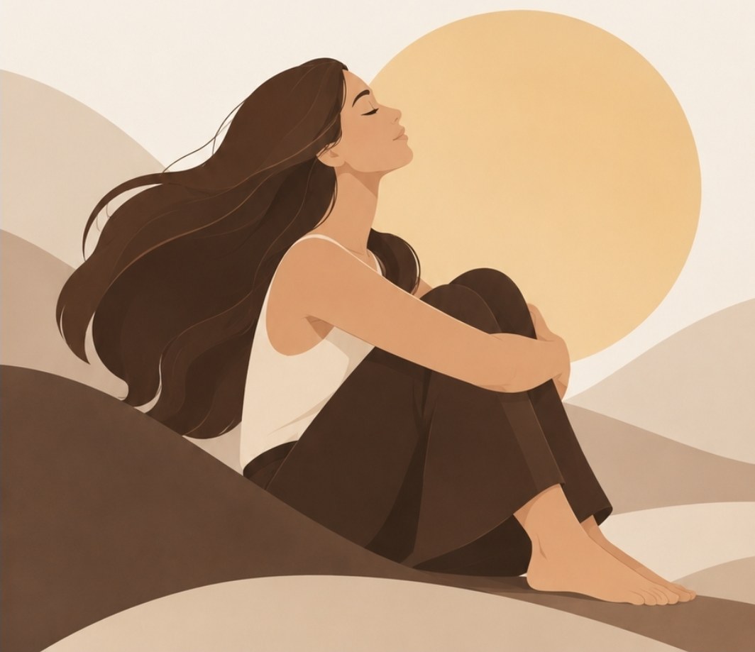 Ilustración de una mujer sentada, abrazando sus rodillas, con el rostro hacia un sol cálido