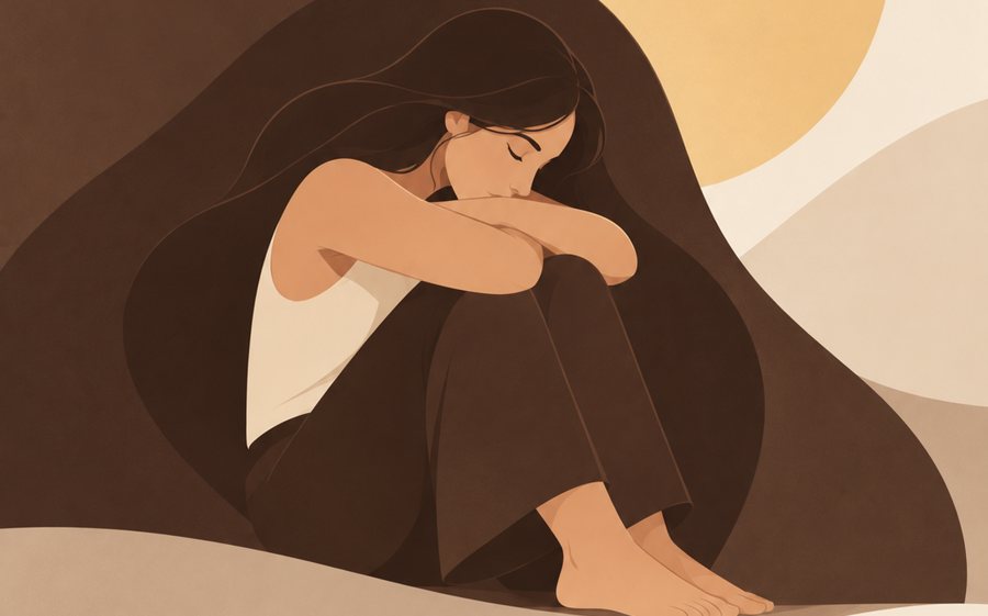 Ilustración de una mujer encogida, envuelta por una forma oscura que la protege